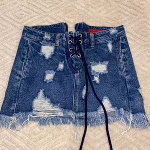 Lace up jean skirt